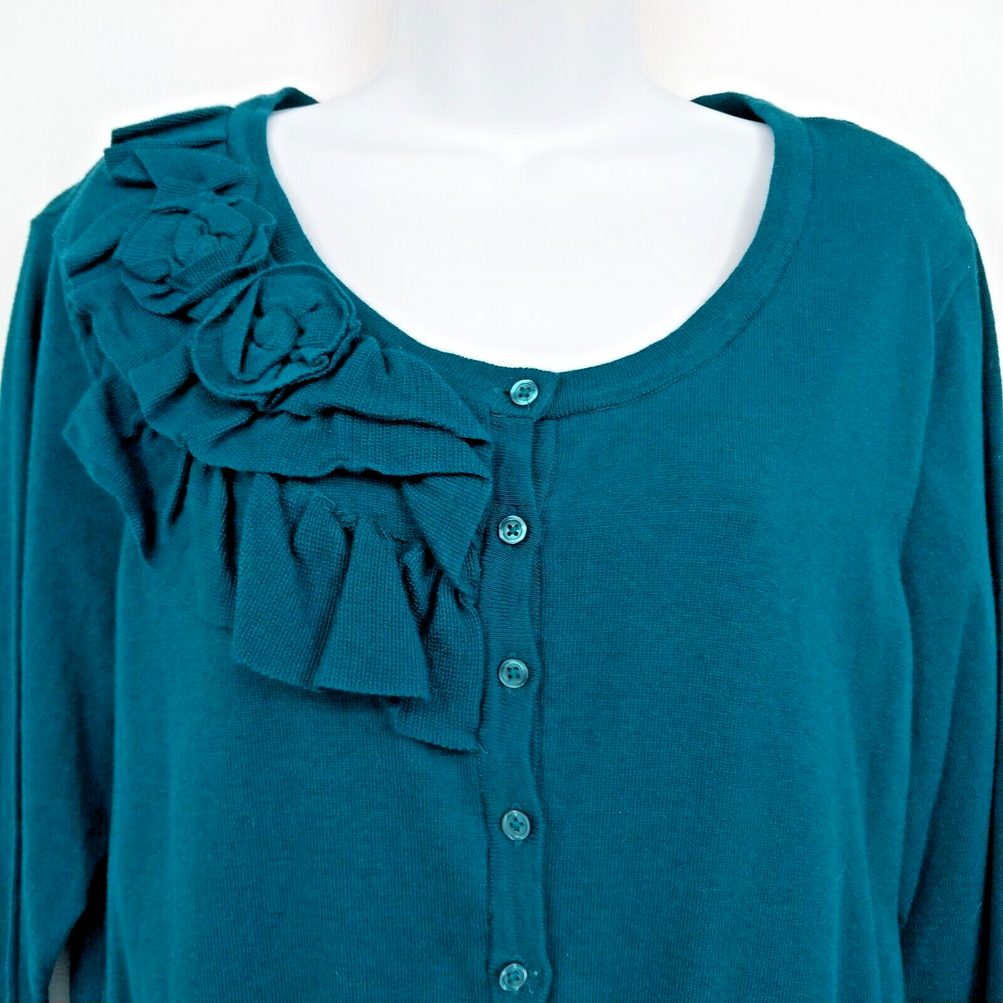 Elle Women's Turquoise XL Cardigan Ruffle Floral Button-Up Stretch Long Sleeve