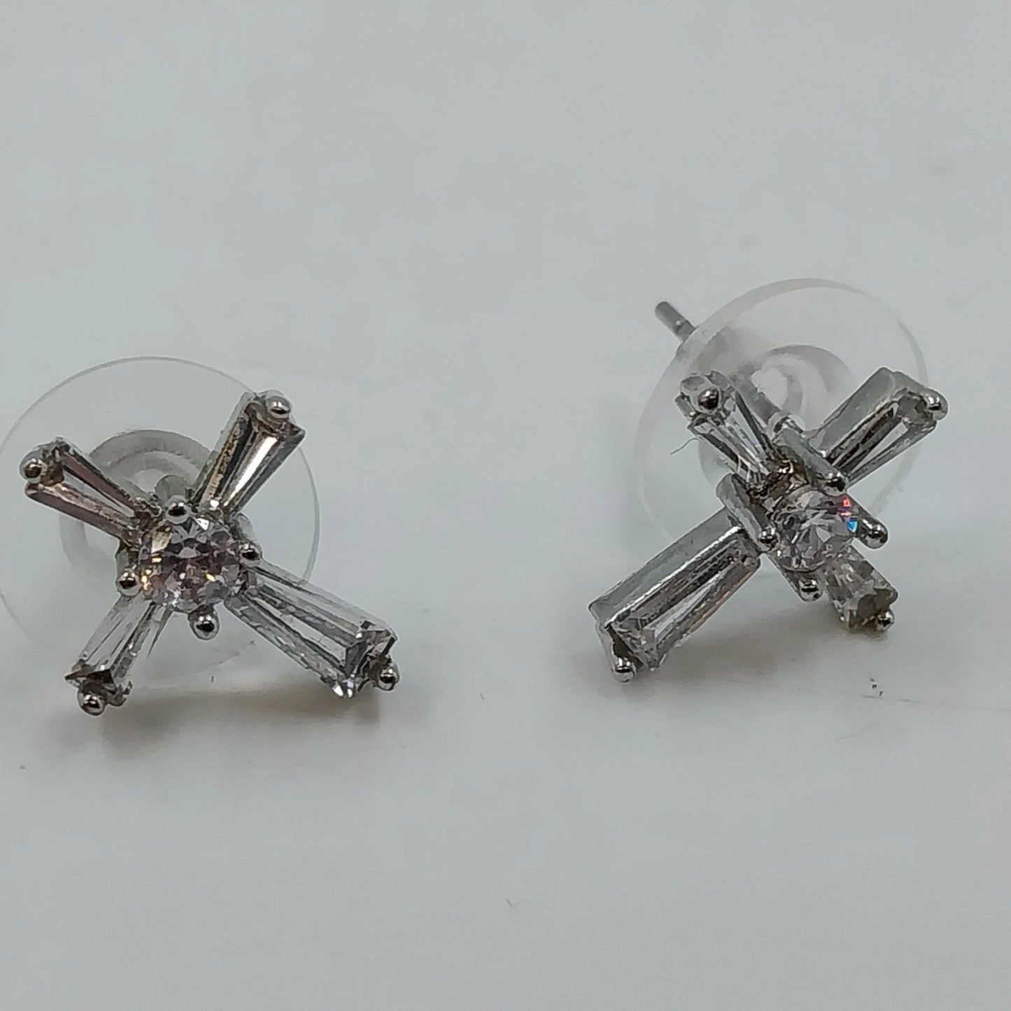 Silver Tone Cross Stud Earrings Clear Baguette Round Stones Religious Jewelry