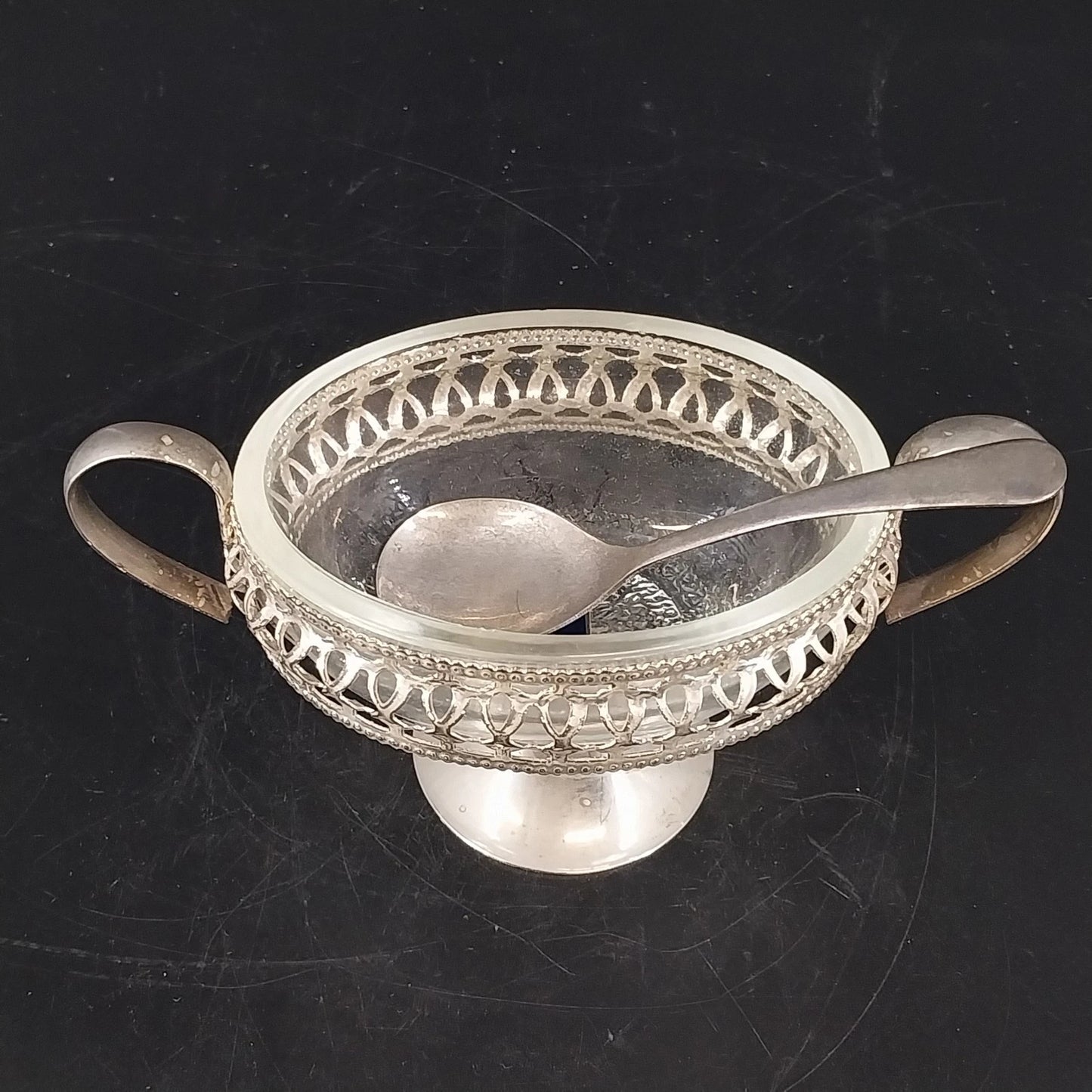 Vintage Raimond Silverplated Crystal Footed Oval Dish Spoon