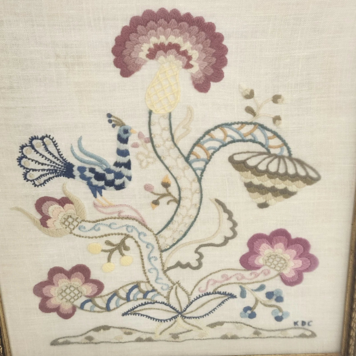 Framed Crewel Embroidery Tree of Life Peacock Floral Folk Art Signed KDC Vintage