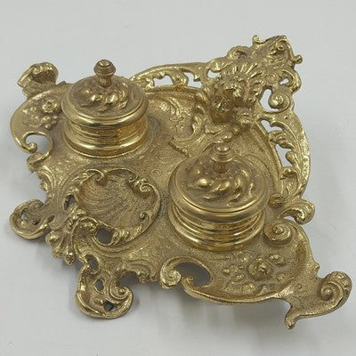 Ornate Double Inkwell Gilded Bronze Cherub Floral 9.75" Lacquered Iron