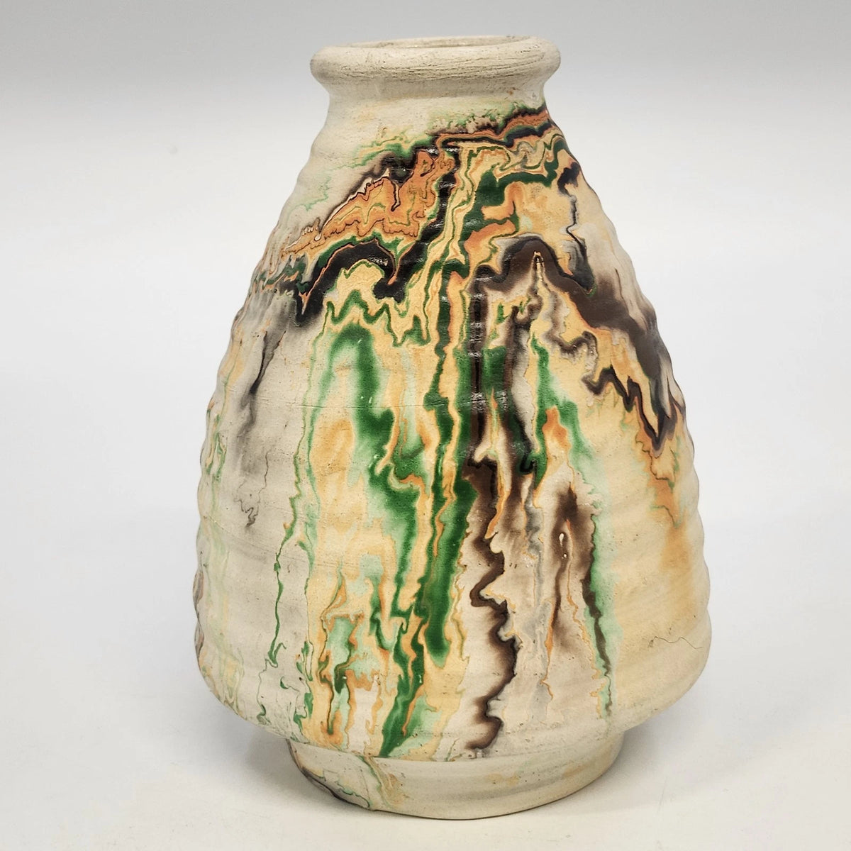 Nemadji Indian Pottery Native Clay Ribbed Vase 5.5" Green Orange Swirl USA