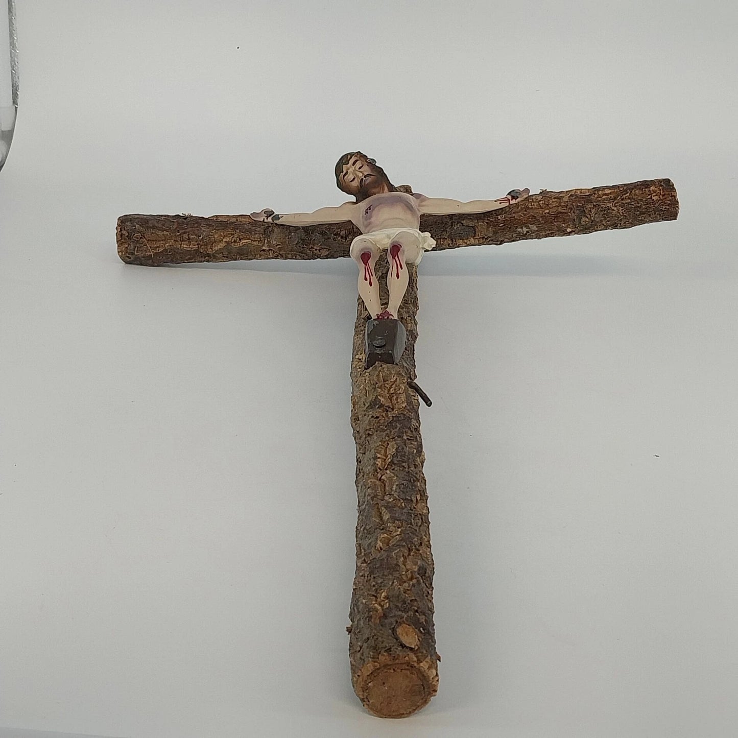 Jesus Christ Crucifix Rustic Tree Bark Wood Wall Cross 18" x 12.5" Vintage