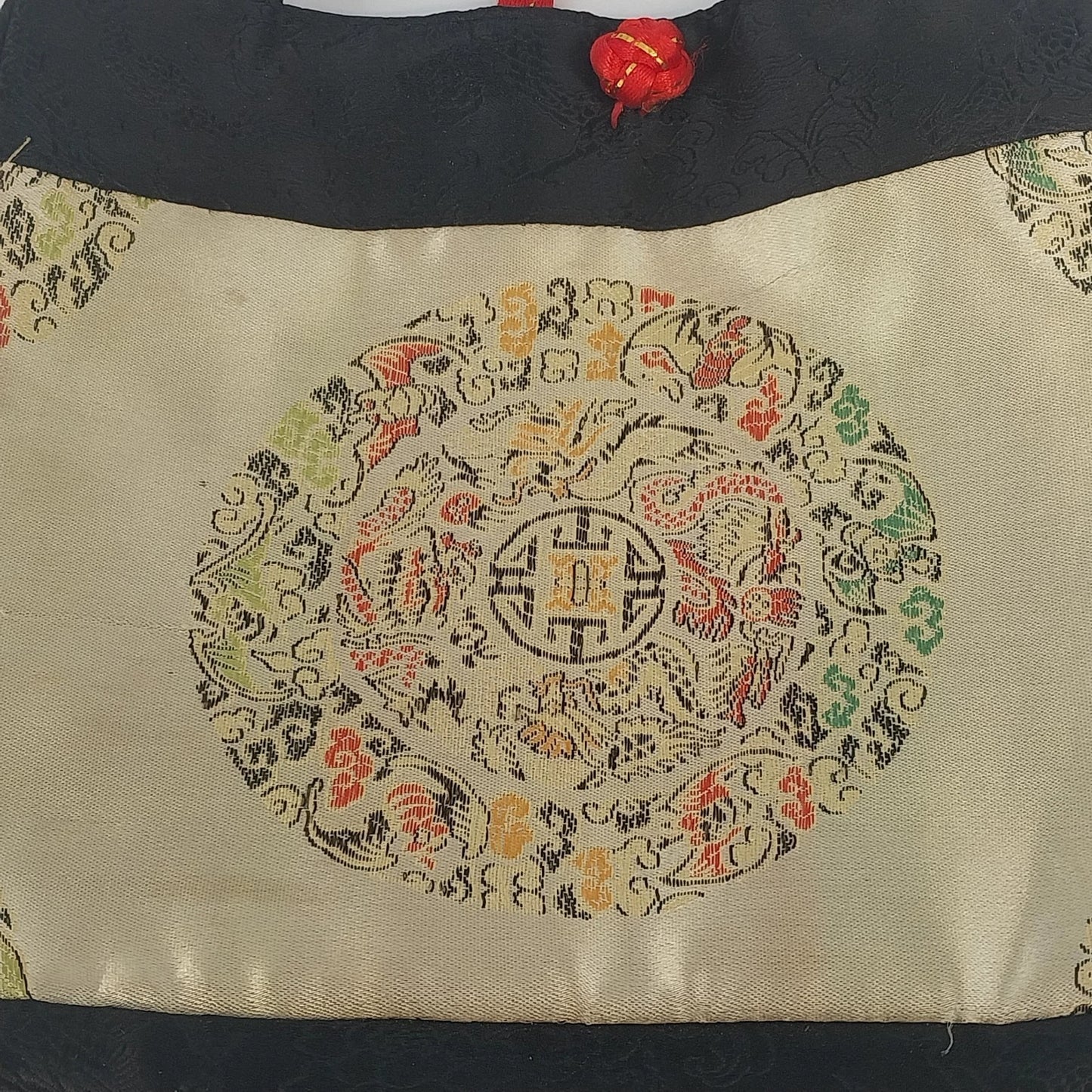Asian Style Silk Brocade Tote Bag Black Gold Chinese Embroidered Shoulder Purse
