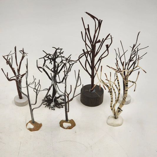 7 pc Christmas Village Trees Lot White Frosted & Bare Branch 5" Lemax Dept 56