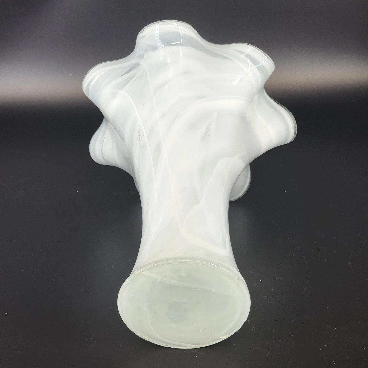 Frosted Art Glass Large Vase 11" Ruffled Scalloped Top White Swirl Hand Blown