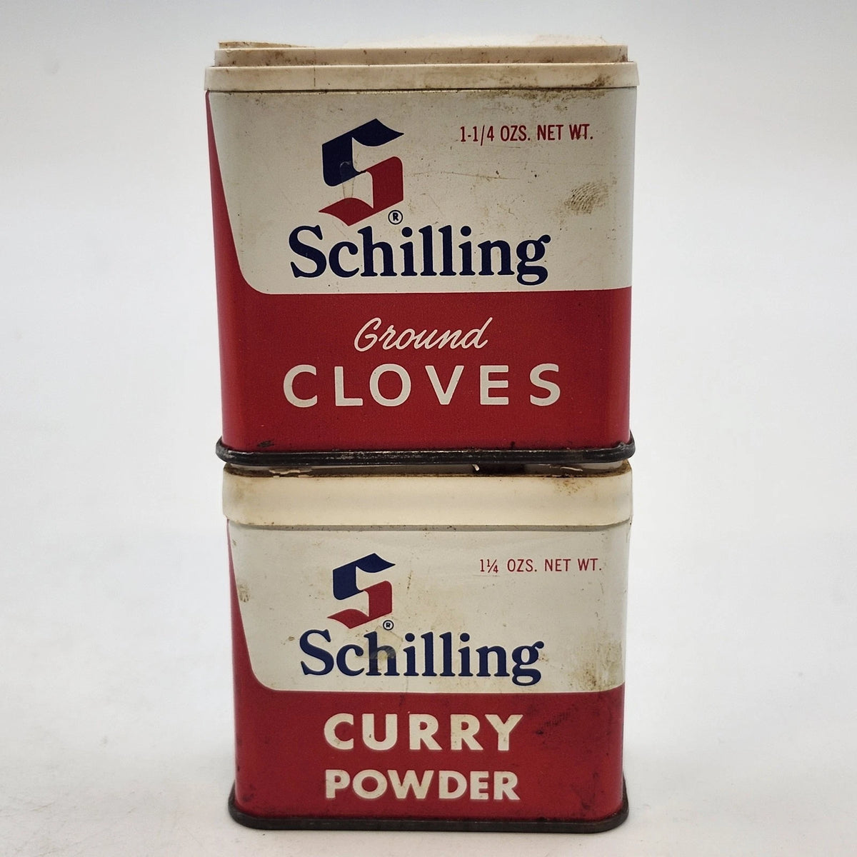 Schilling Ground Cloves Curry Powder 1.25 Oz Spice Tins Red White 2pc Vintage