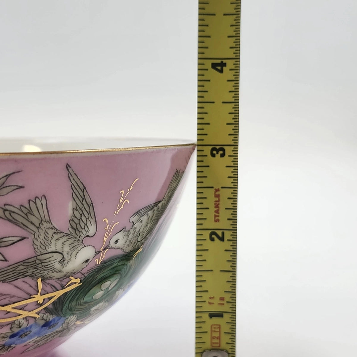 Pink Porcelain Footed Bowl Birds Nest Blue Flowers Gold Trim 6.25" Kitchen