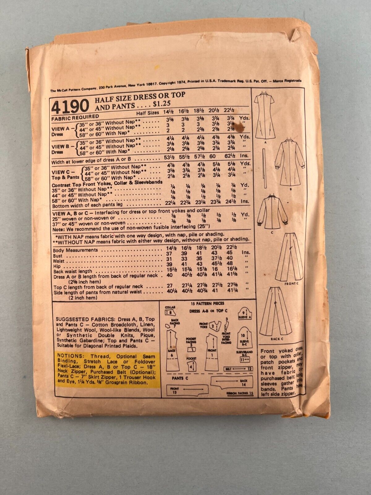 McCall's 4190 Vintage Sewing Pattern '74 Half Size Dress or Top and Pants 18½