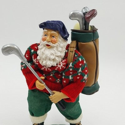 Golfing Santa Figurine Holiday Decoration 10" Fabric Mache Red Sweater Golf Bag