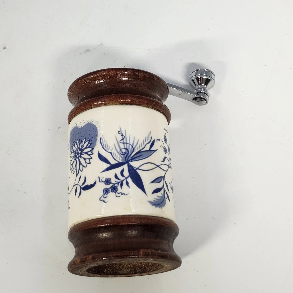 Leeds Engineering Pepper Mill Grinder Blue White Floral Wood Hand Crank 4"