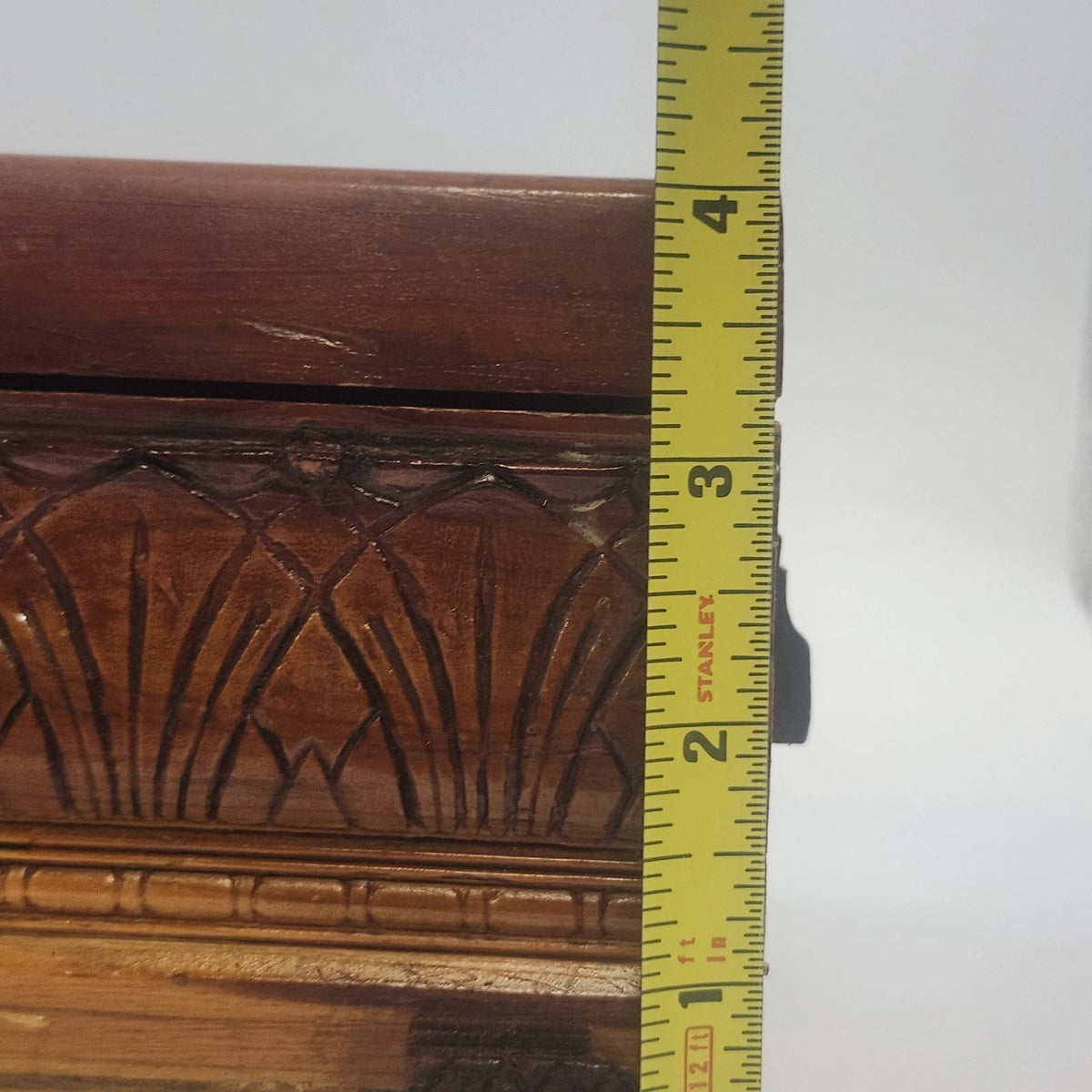 Jewelry Trinket Box 11" Carved Cedar Natural Wood Cottage Scene Footed Vintage