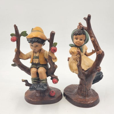 Vintage Ceramic Boy & Girl Figurine Pair – Sitting in Blooming Apple Trees – Hand-Painted Ceramic – Whimsical 11" Home Decor Set