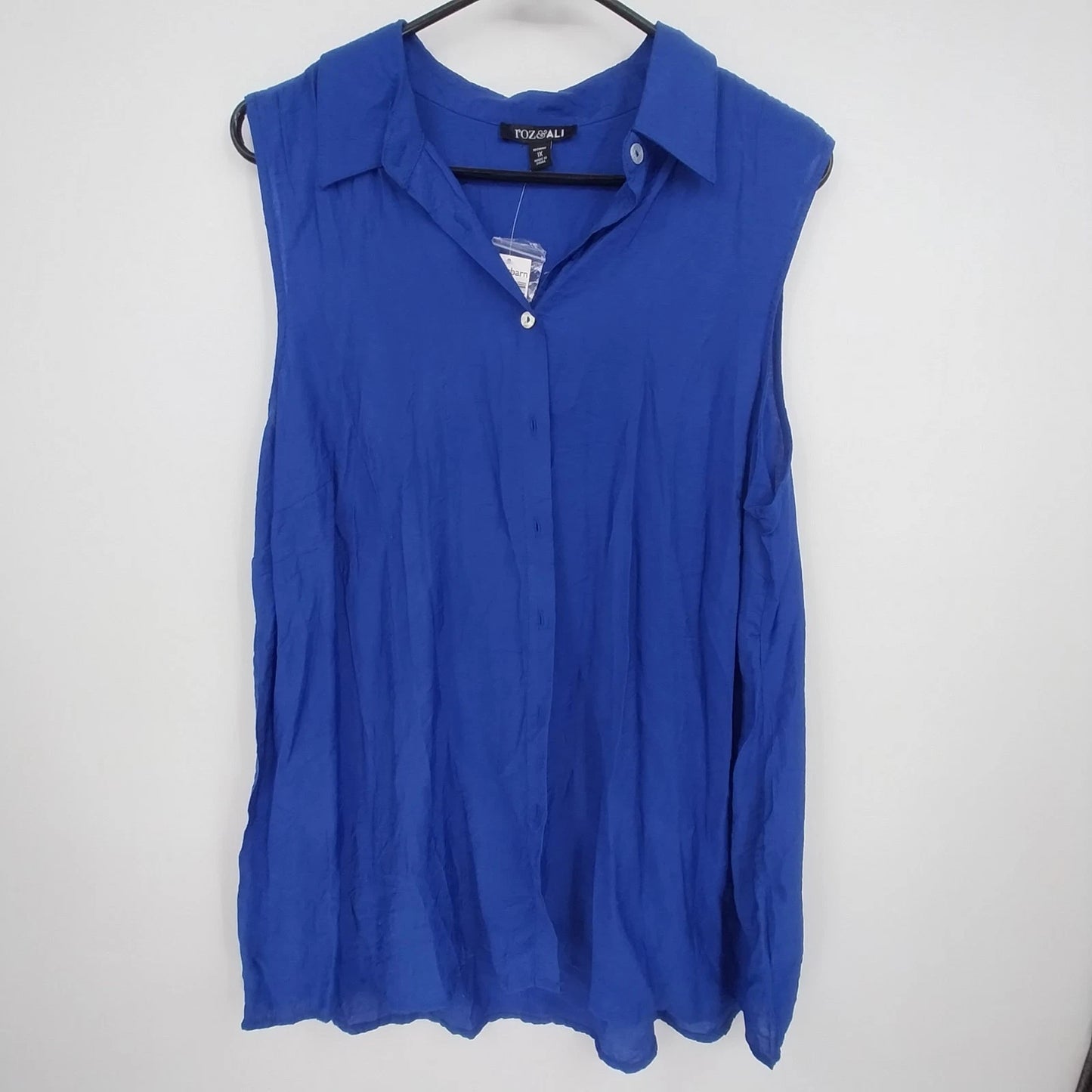 Roz & Ali Royal Blue Sleeveless Blouse Women 1X Collared Button Front China