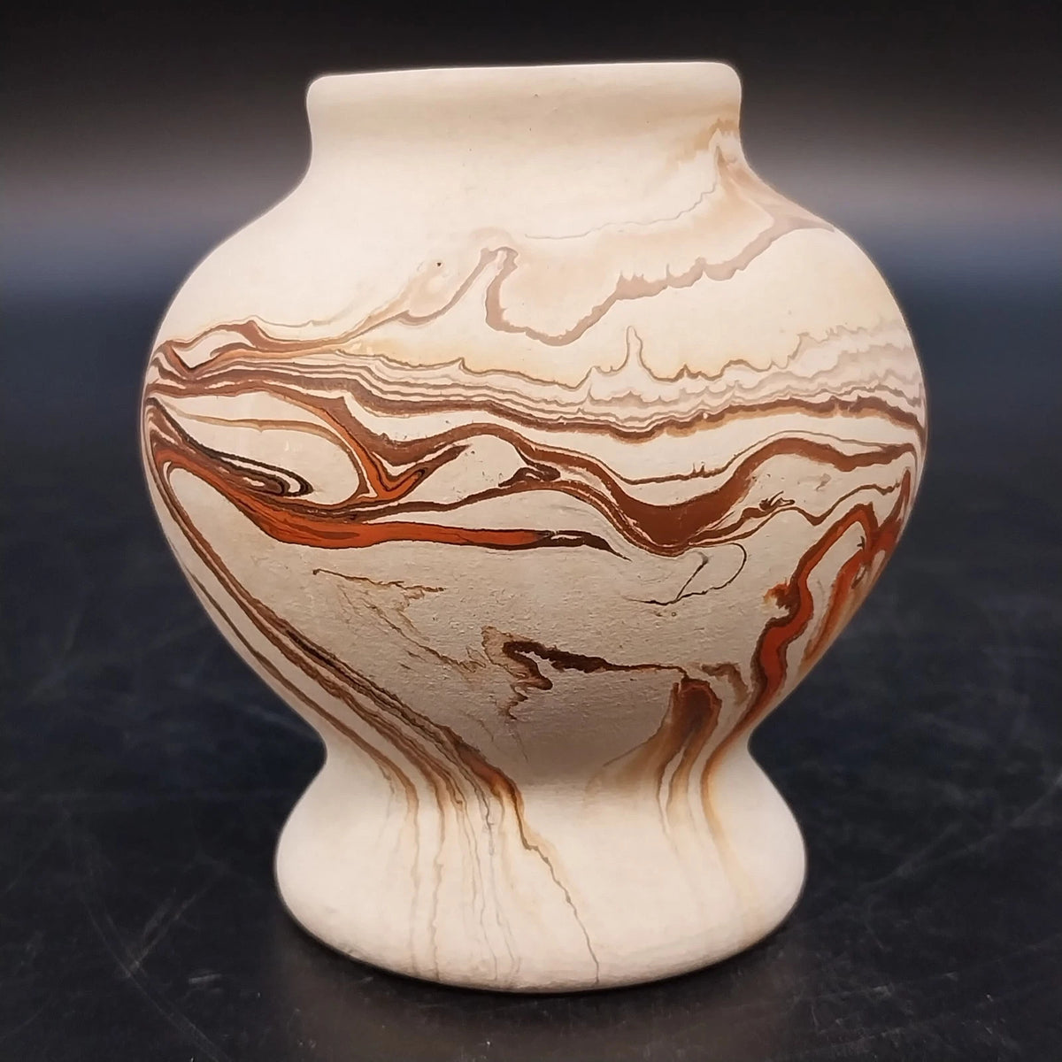 Nemadji Pottery Pedestal Vase Marbled Clay Brown Mauve Swirl 3.25" Vintage USA