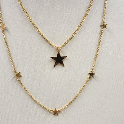 Gold Tone Figaro Chain with Charm Stars Two Strand Subtle Refined Necklace 12"