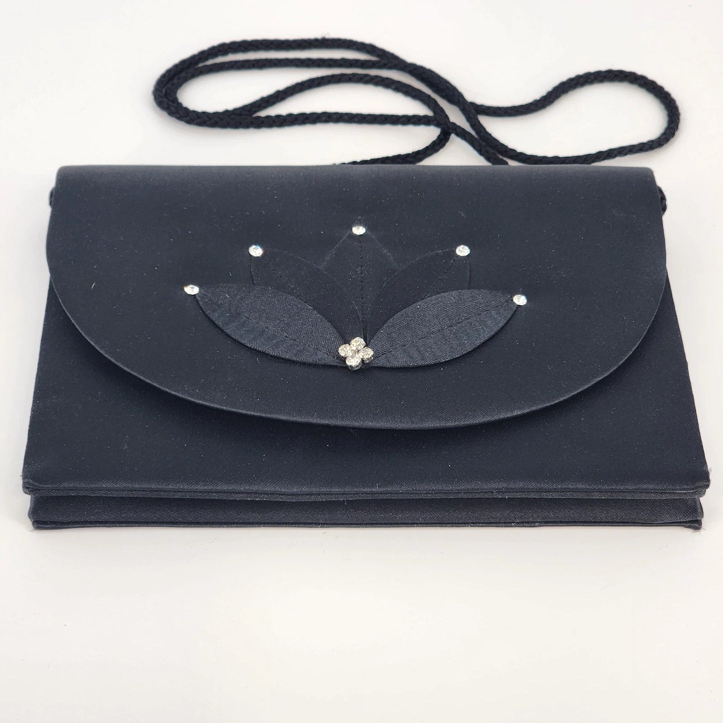 Nina Ricci Paris Black Evening Bag Rhinestone Flower Braided Strap Purse Unused