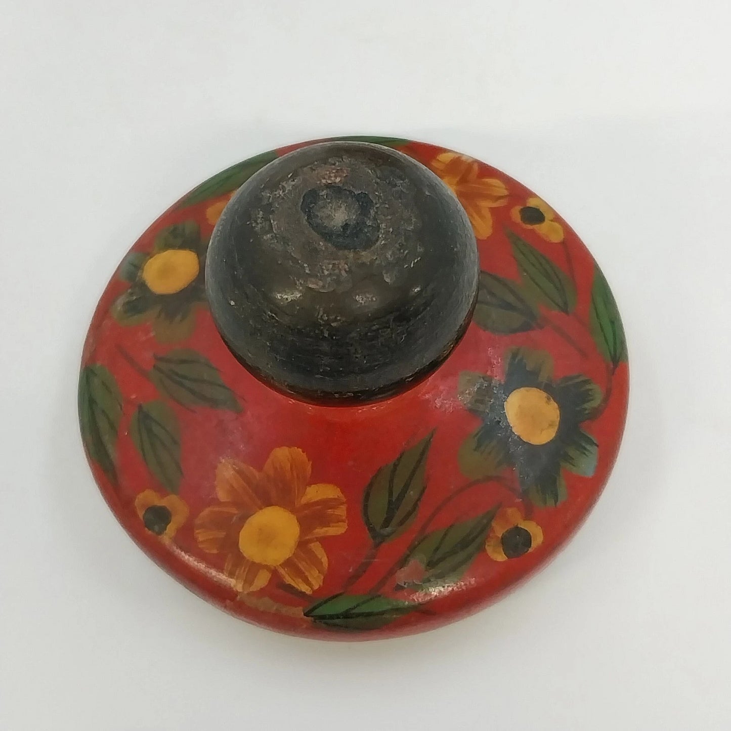 Pier 1 Hand Painted Wood Lidded Decorative Jar Red Floral India 4”