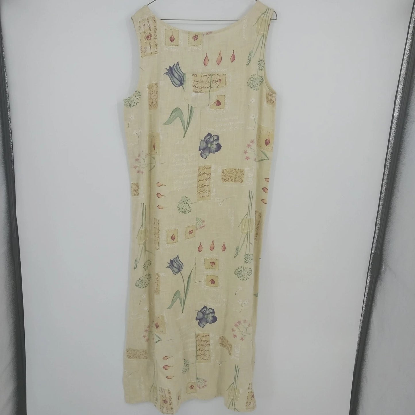 Sweet Jessie Linen Maxi Dress Large Yellow Floral Botanical Sleeveless Petite