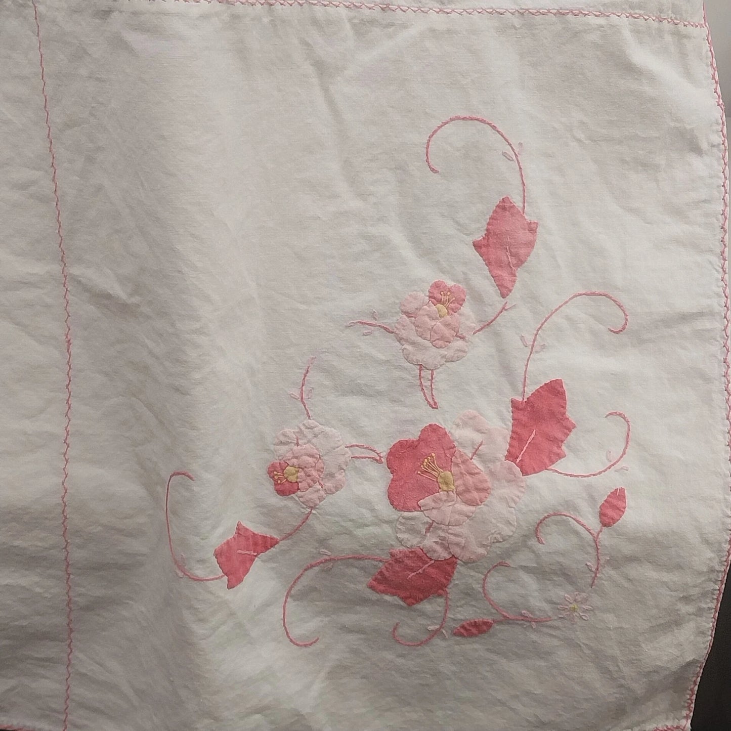 Handmade White Tablecloth Pink Applique Floral Embroidered Hemmed 96x66 Vintage