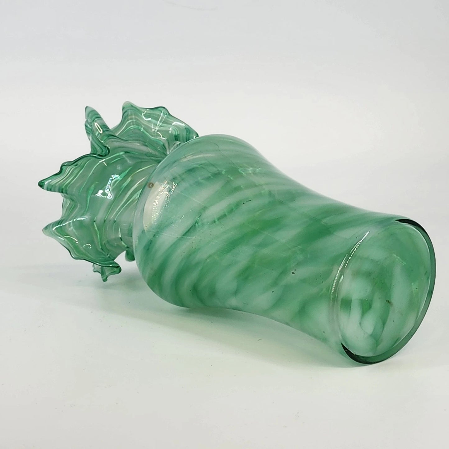 Green Art Glass Vase White Swirl Ruffled Scalloped Top Edge Hand Blown 9" Tall