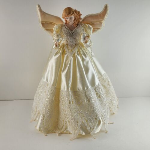 Angel Tree Topper Vintage Christmas Porcelain Lit Candles Pearls 14” Silk Lace