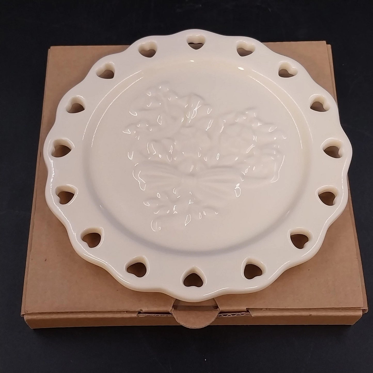 Longaberger Sweetest Heart Candle Plate White Pottery Heart Cutout Floral 6"