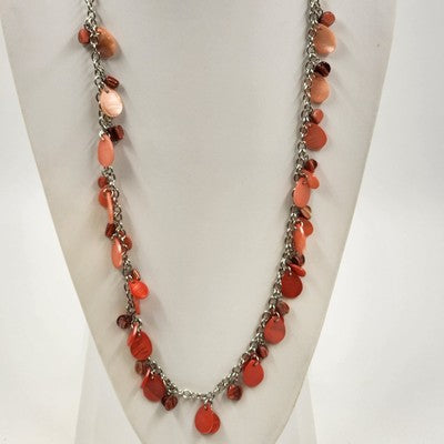 Necklace Silver Tone Pink Coral Shade Stone Beads 36" Long Lobster Closure