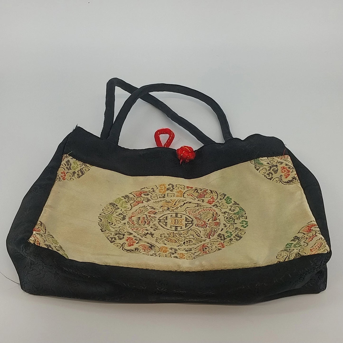 Asian Style Silk Brocade Tote Bag Black Gold Chinese Embroidered Shoulder Purse