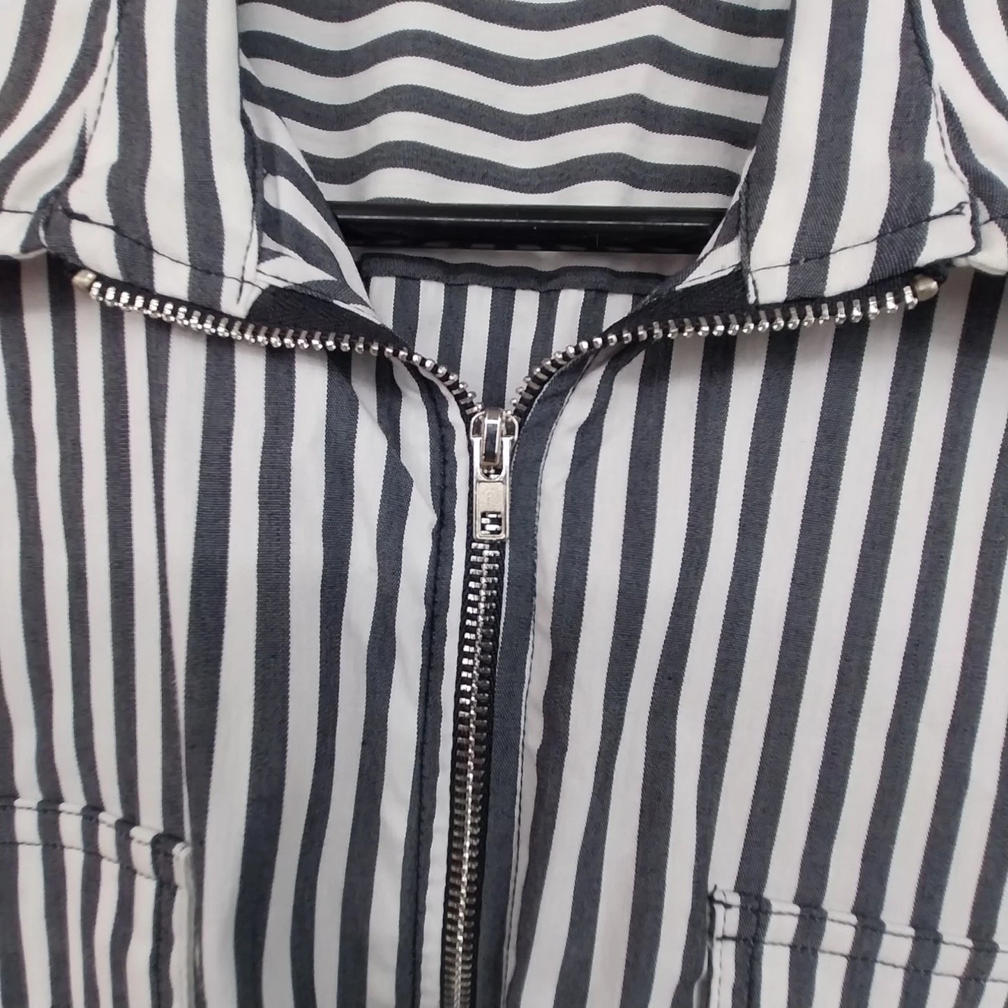 Tracy M Black White Striped Zip Front Blouse Women Large