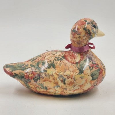 Duck Decoy Floral Decoupage Decorative Porcelain w Display Ribbon Felt Base 8.5"