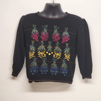 Cullinane Black Silk Blend Sweater L Floral Embroidery Shoulder Pads Vintage