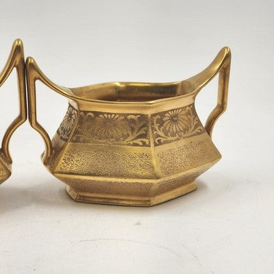 Antique T&V Limoges France Sugar Bowl & Creamer Set – Hand-Painted Porcelain with Gold Floral Design, Signed French Tableware