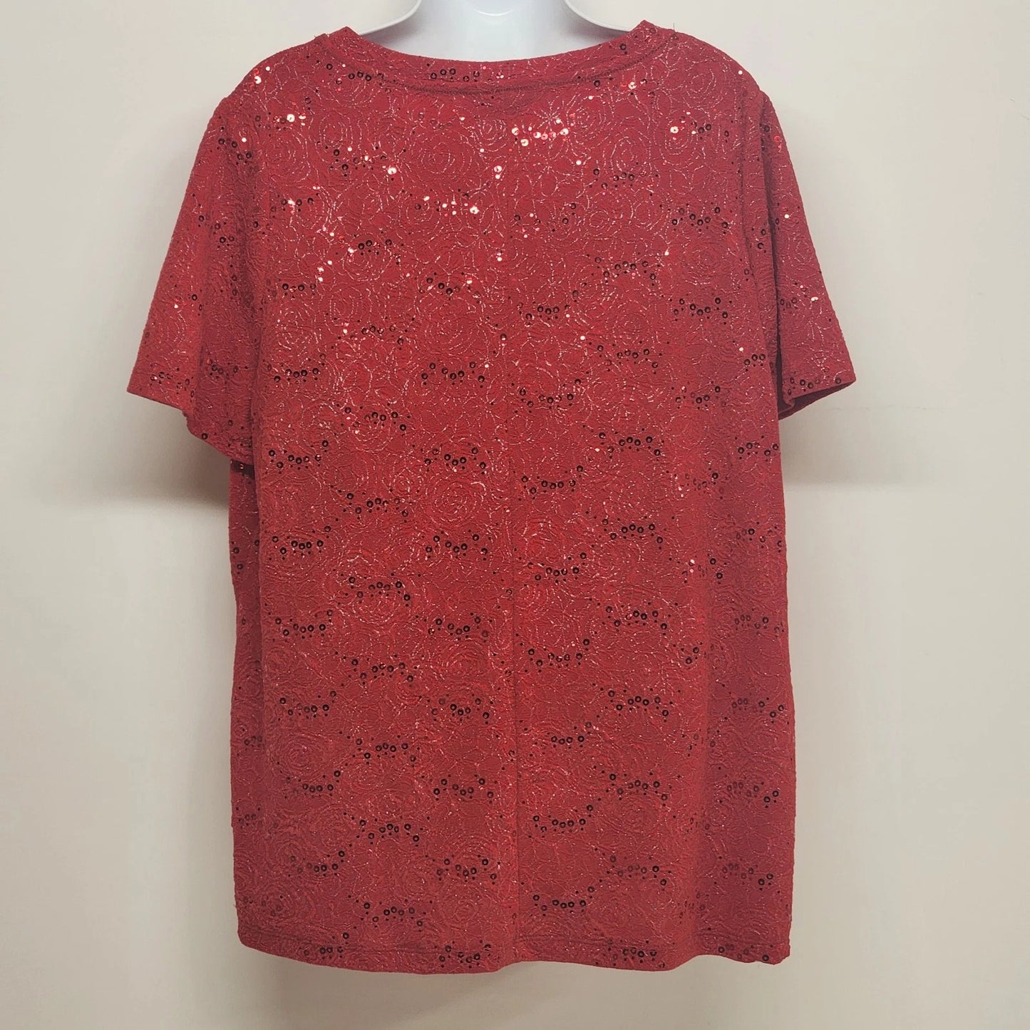 White Stag Red Sequin Blouse Women 1X V Neck Metallic Top
