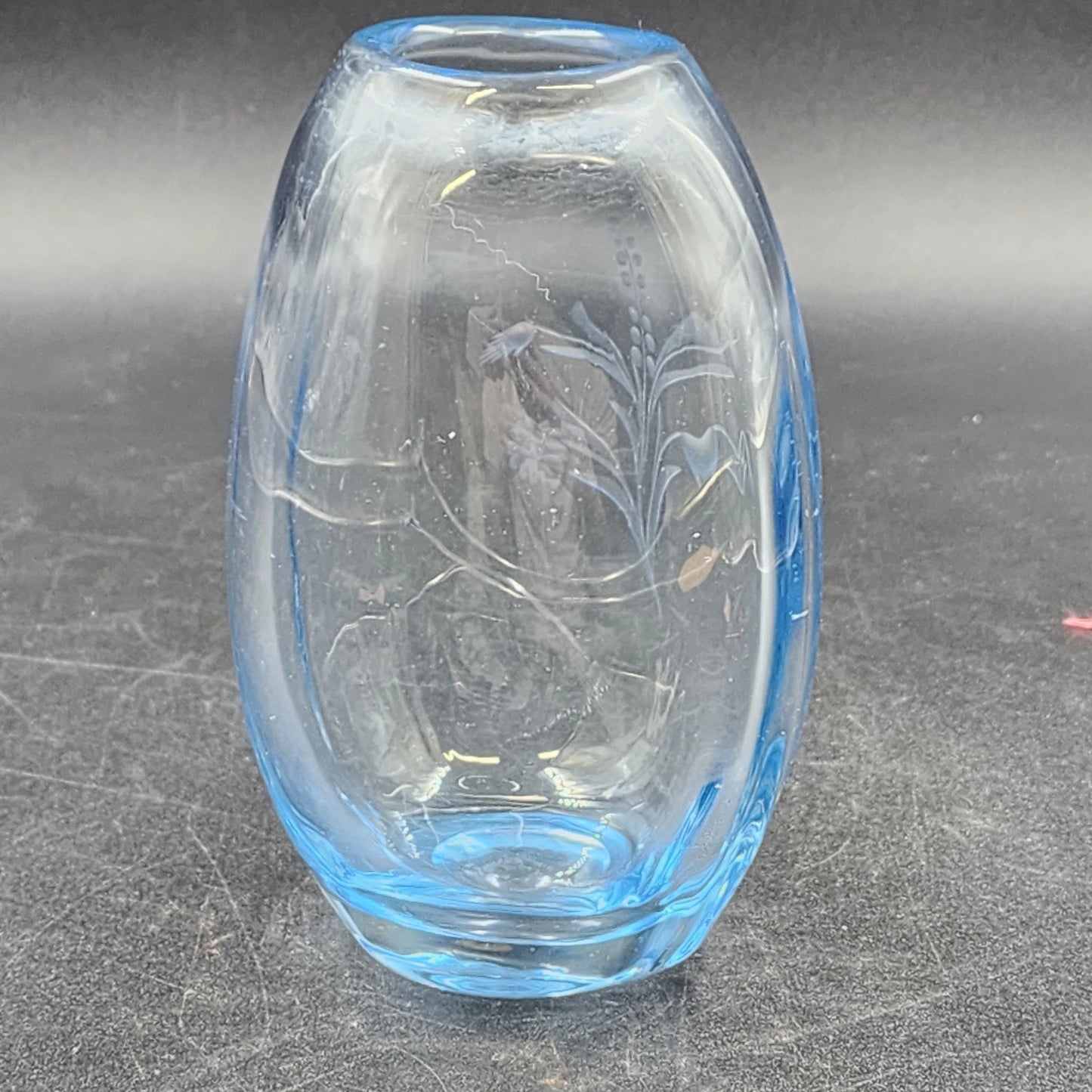 Hand Blown Blue Tint Glass Vase Etched Floral Scandinavian Swedish Oval 6.75″