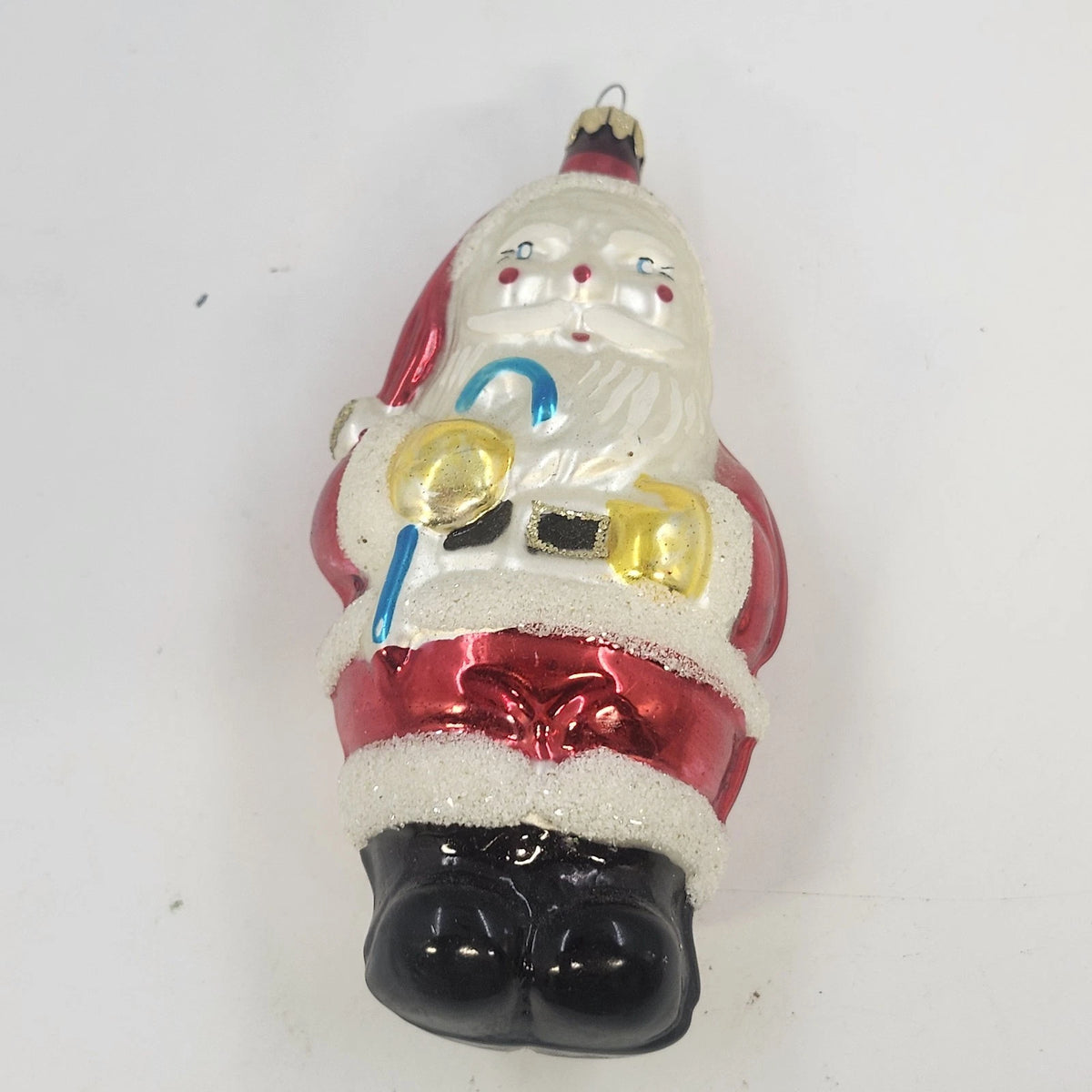 Santa Claus Hand Painted Blown Glass Christmas Hanging Ornament 5.25" Candy Cane