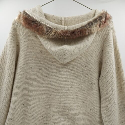 Relativity Women’s Sweater Size XL Beige with Brown Accents Fur Hood Zip Front