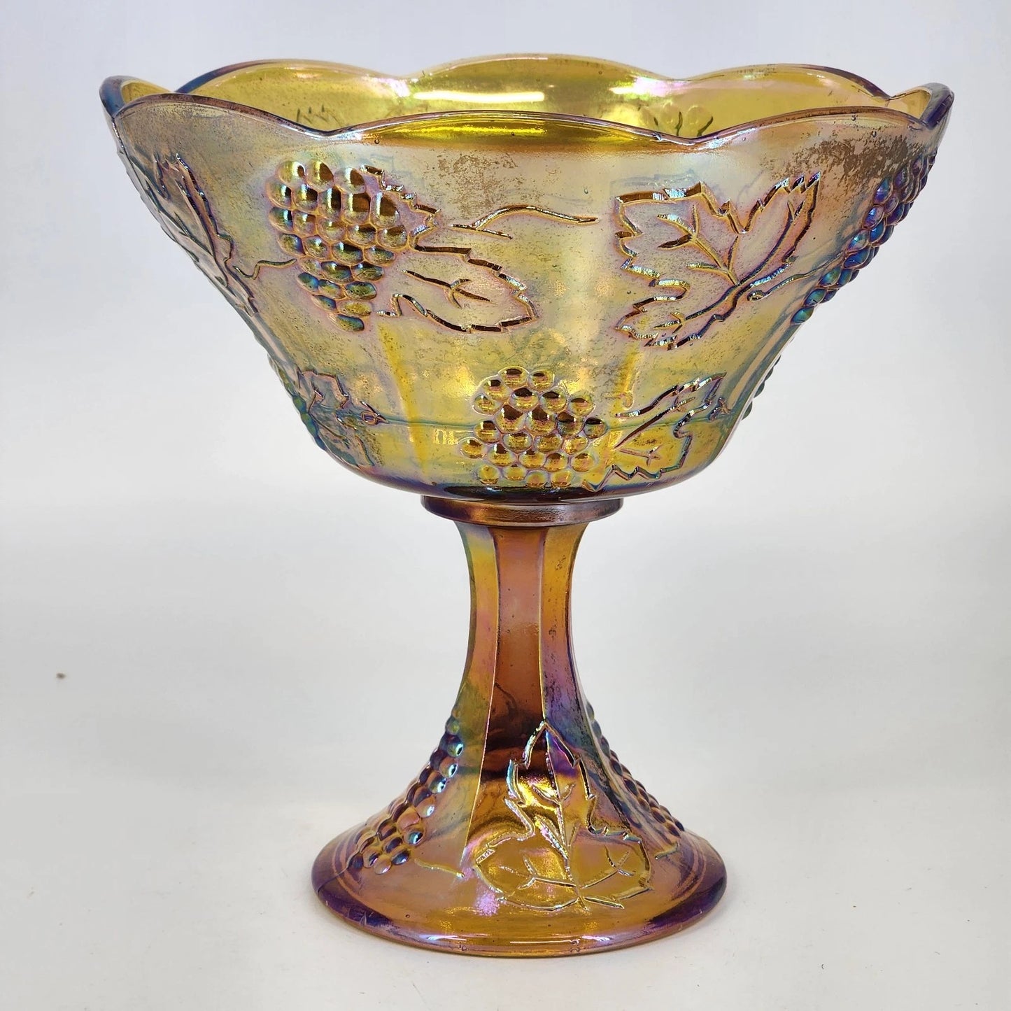 Indiana Glass Harvest Grape Compote Marigold Carnival Pedestal Bowl 8.5" Vintage