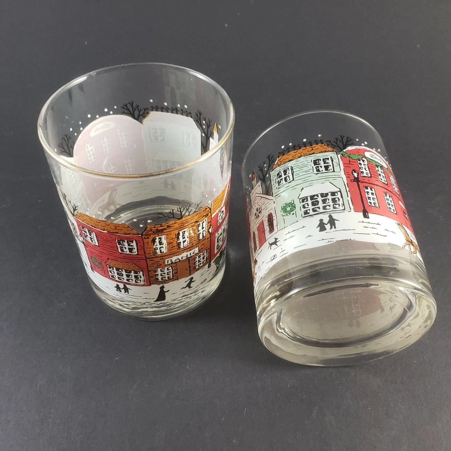 2 Christmas Rocks Glasses Town Square Main Street Holiday Barware Vintage 1980s