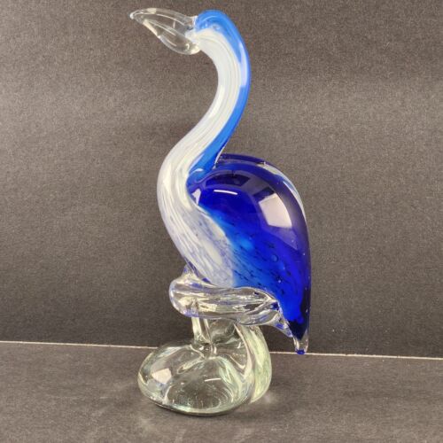 Hand Blown Clear Blue White Glass Heron Figurine Upright Posture 8" Tall