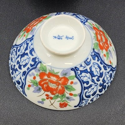 Set of 6 Japanese Imari Porcelain Bowls – Footed Noodle Ramen Flower Design | Vintage Red & Blue