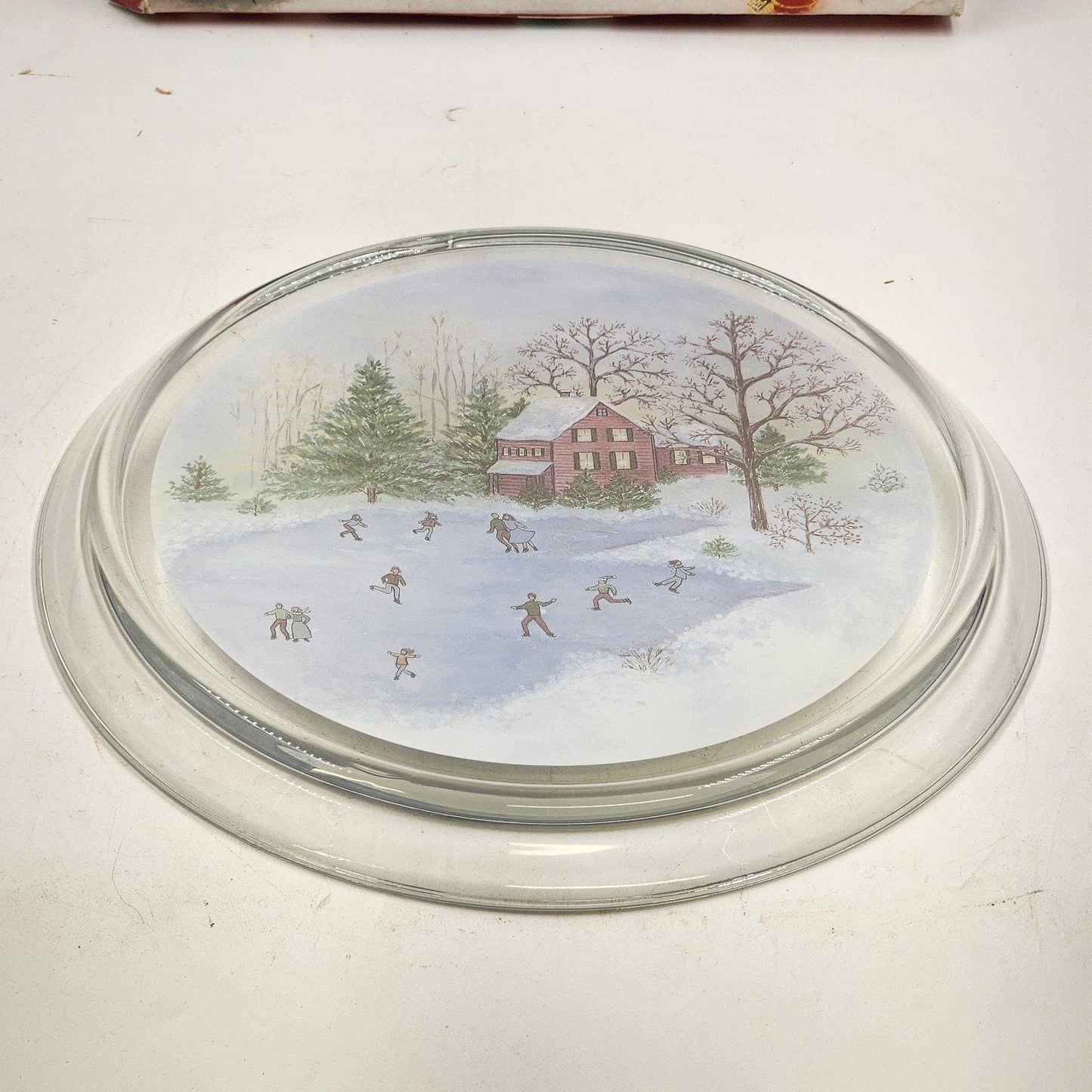 Clear Winter Platter Indiana Glass Lancaster 13"x1'' Christmas Skating Scene