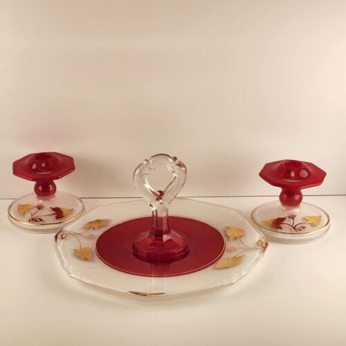 Indiana Glass Tidbit Serving Tray w Handle & 2 Candle Sticks Red White to Clear