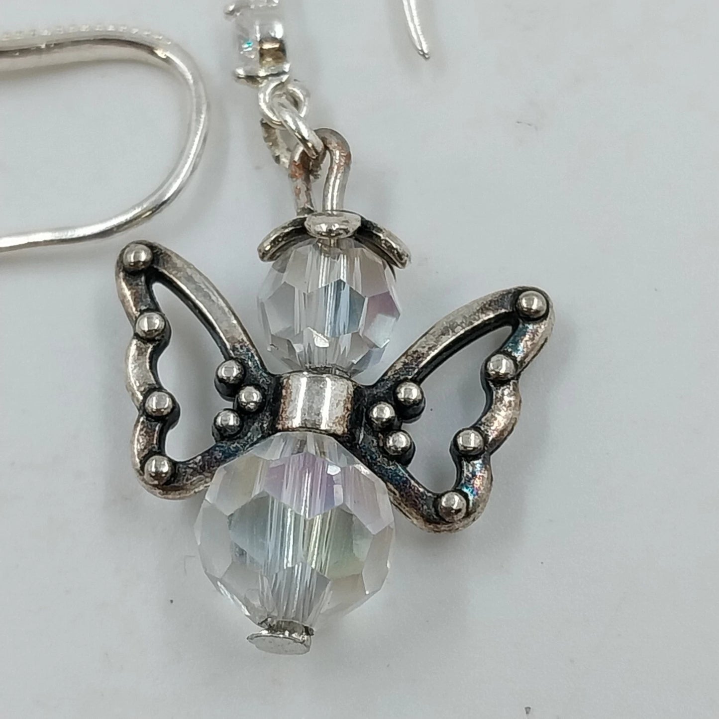 Silver Tone Angel Wing Dangle Earrings Clear Faceted Beads French Hook Jewelry