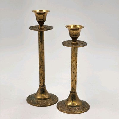 Set of 2 Solid Brass Candlestick Holders 7" & 8" Tall Vintage India Round Base