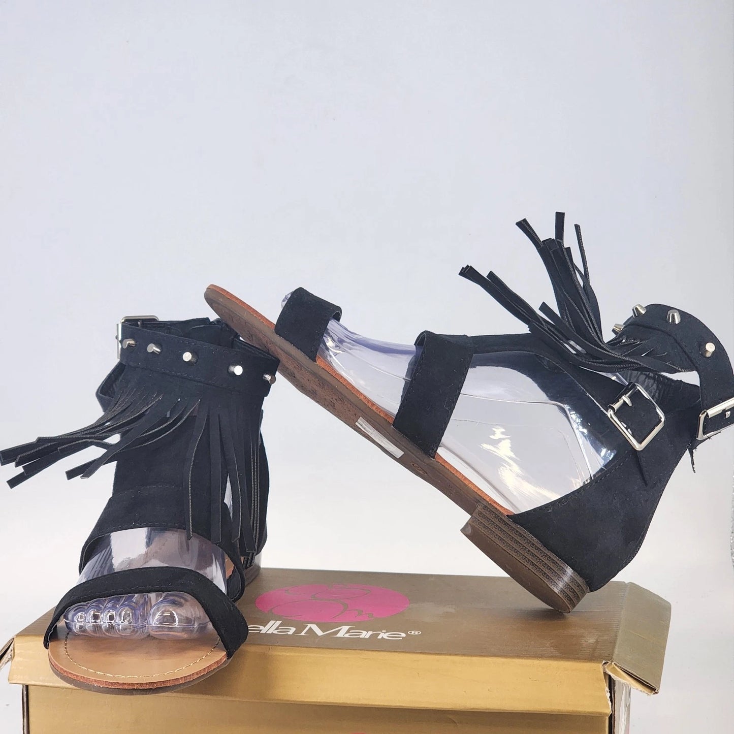 Bella Marie Tevo 2 Gladiator Sandals Womens 8 Black Fringe Studded