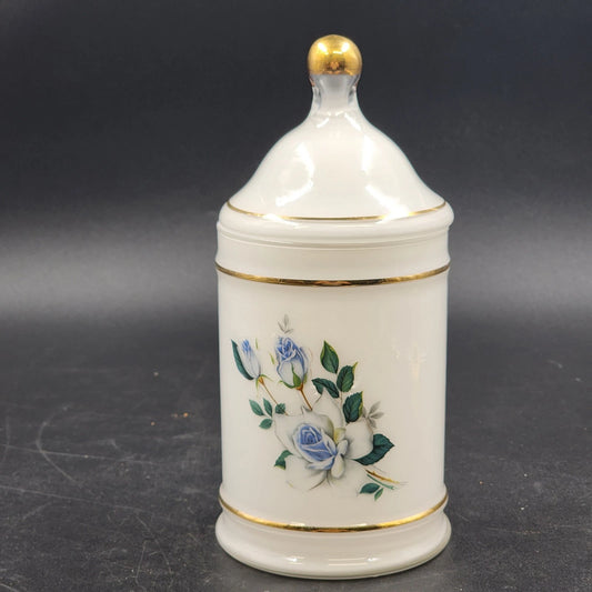 Apothecary Jar Blue Tea Rose in White Frosted Milk Glass with Gold Trim 9" x 4"d