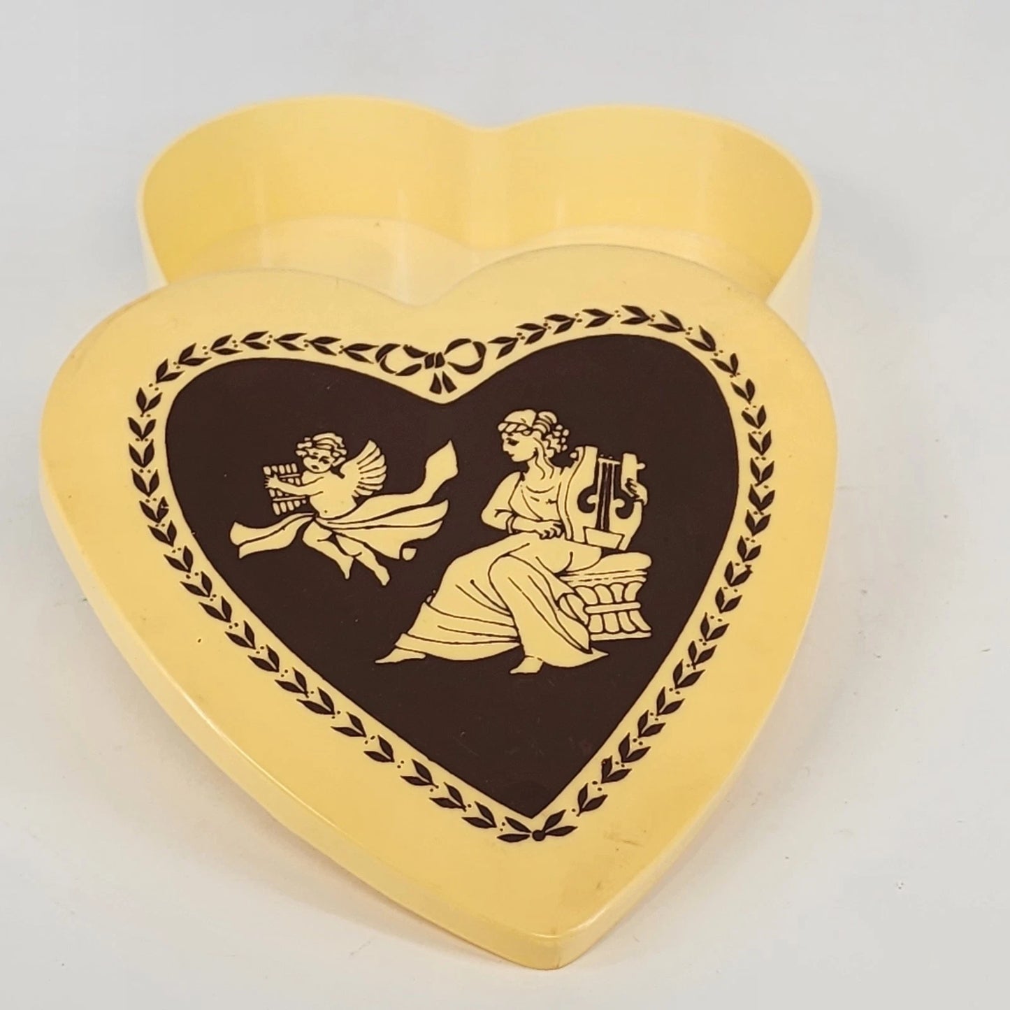 Yellow Celluloid Heart Trinket Box Angels Cupid 5.25