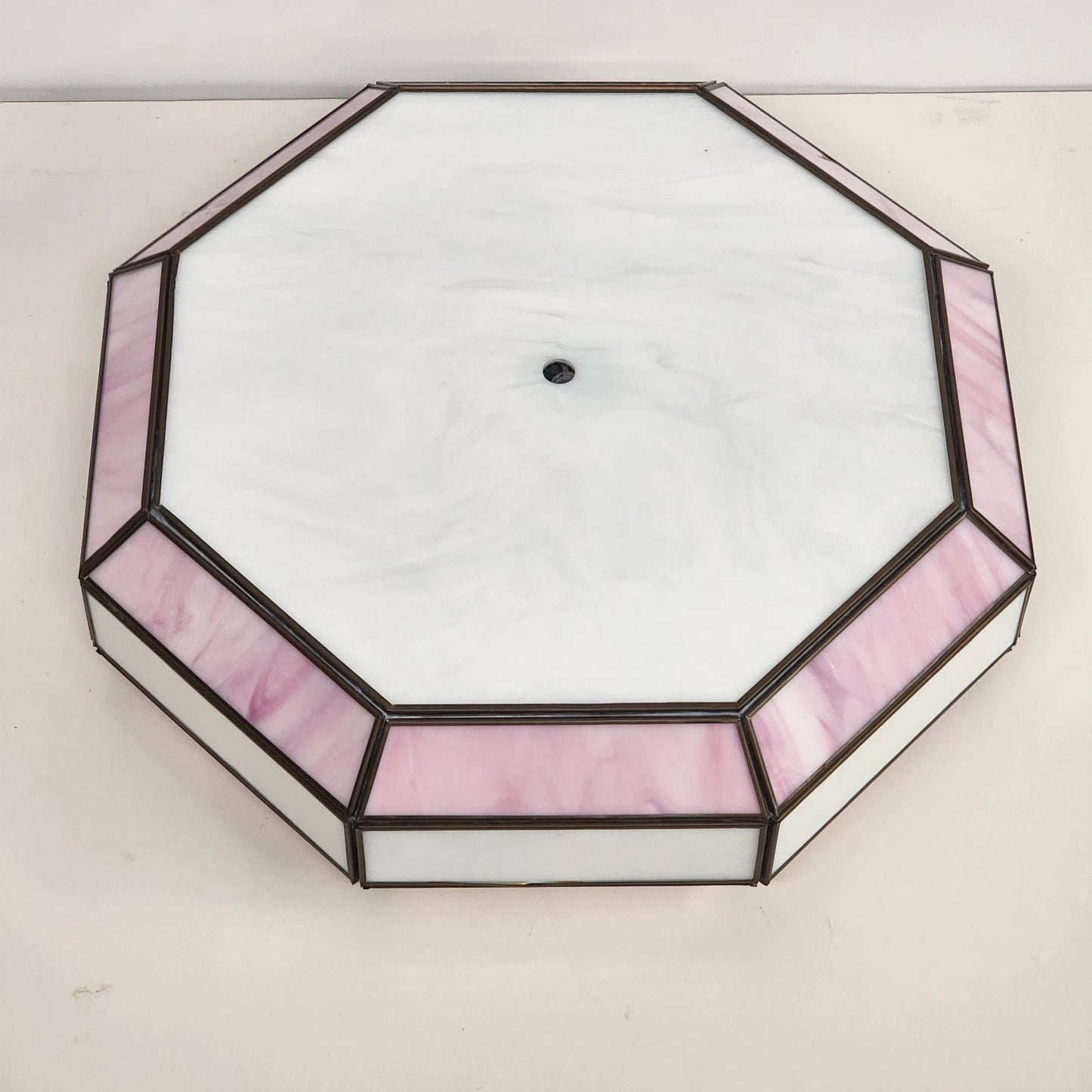 Octagon Leaded Stained Glass Ceiling Lamp Shade Pink White Slag Glass 13”x11"