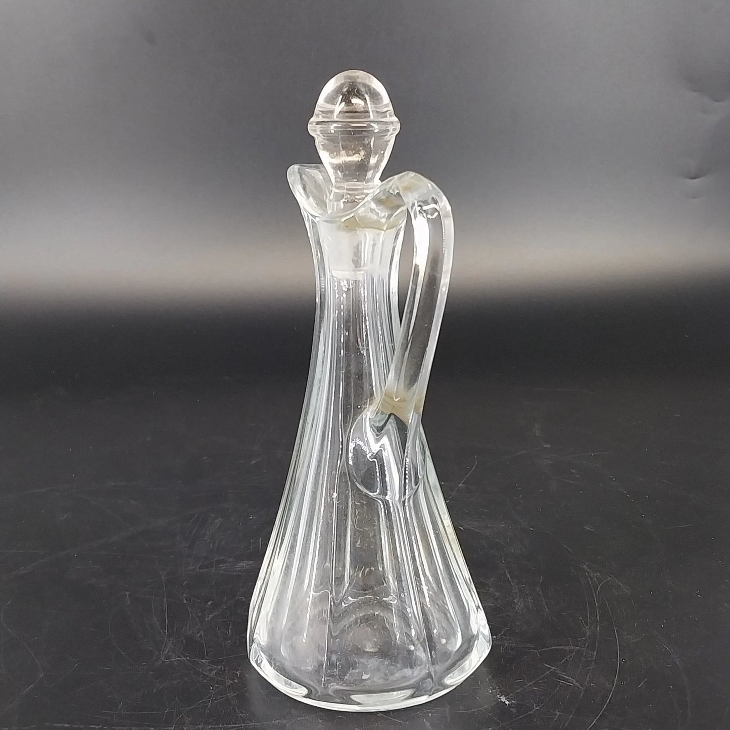 Clear Glass Cruet Bottle Ribbed Panels Stopper Oil Vinegar Decanter 7.25" Vtg